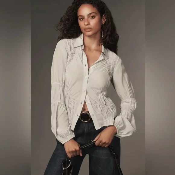 Anthropologie long sleeve shirred Cream Button-Down Shirt - Picture 1 of 8
